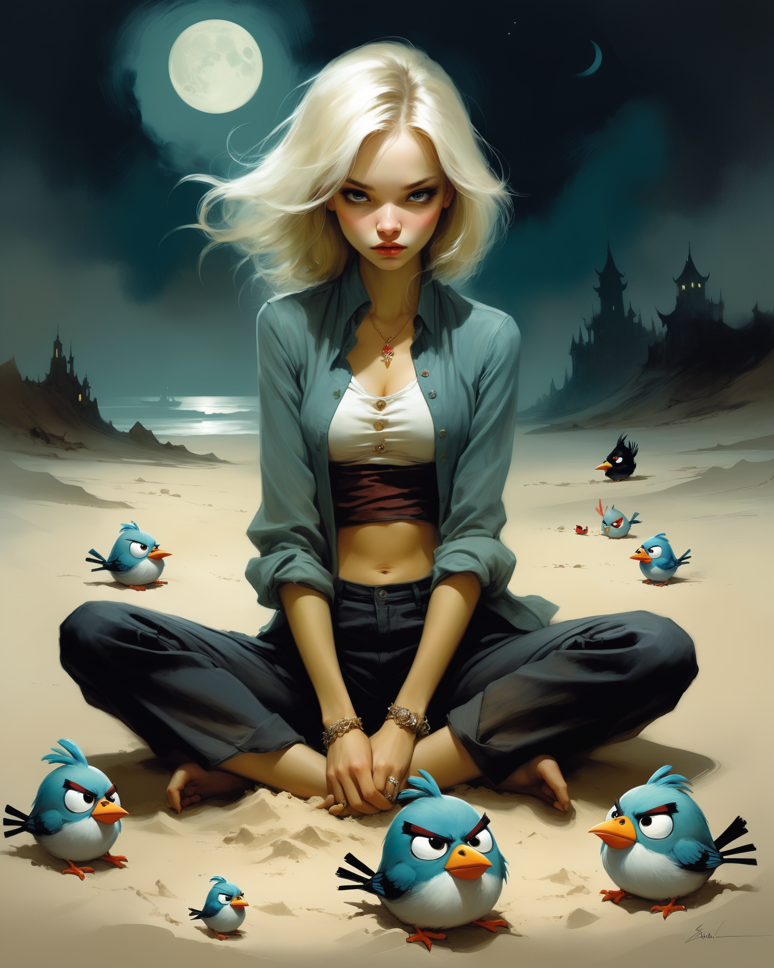 04988-2289856409-illustration by Anne Bachelier, a girl sasha luss , she is lying on the sand on her stomach, casual dressed, propping her chin w.png